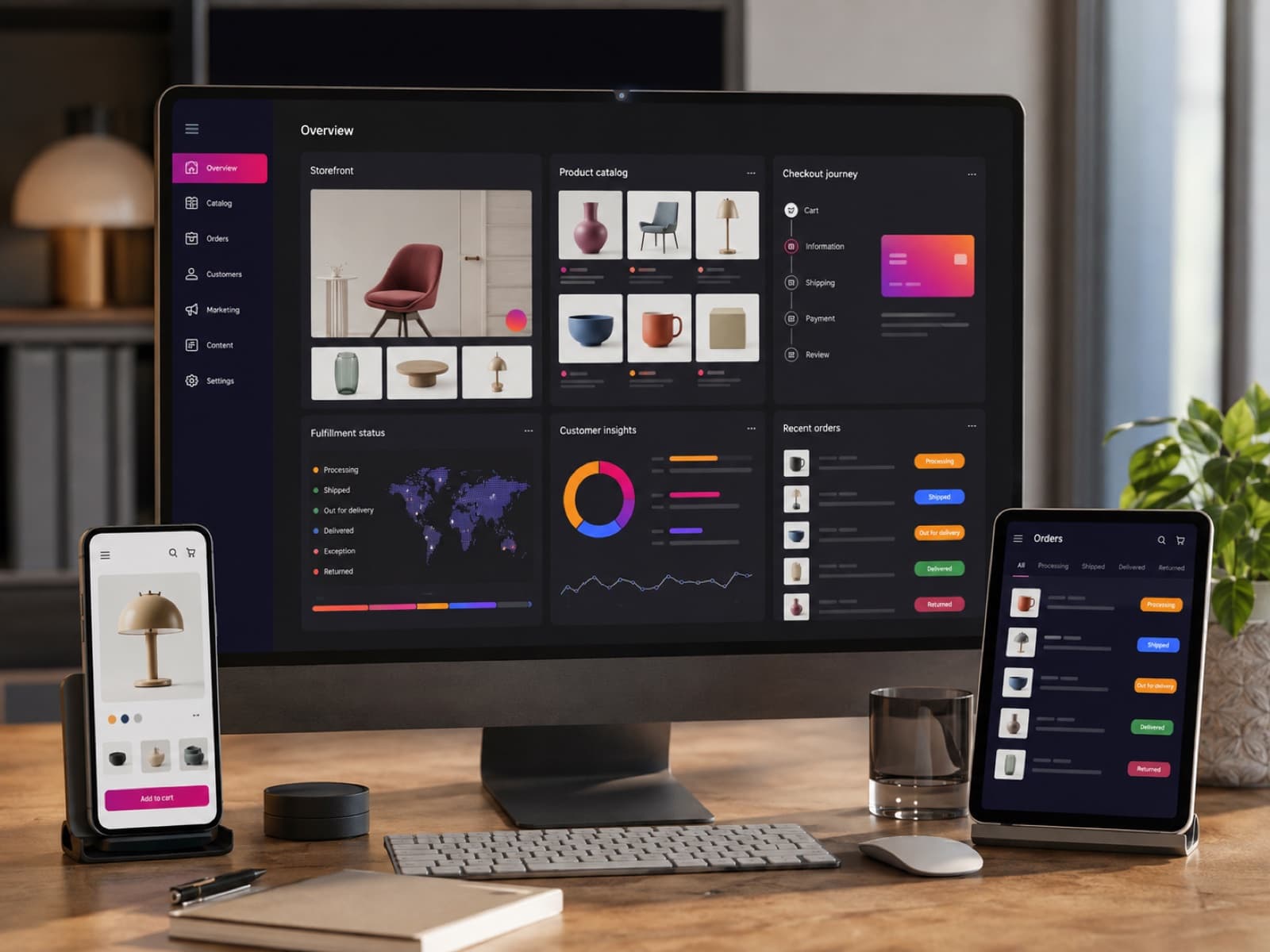 Ecommerce platform showing storefront merchandising, checkout, fulfillment, catalog operations, and customer insights