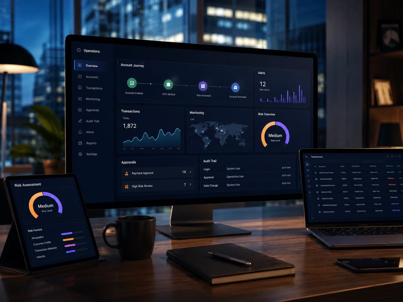 Financial operations platform showing secure transactions, approvals, audit trails, account journeys, and risk context