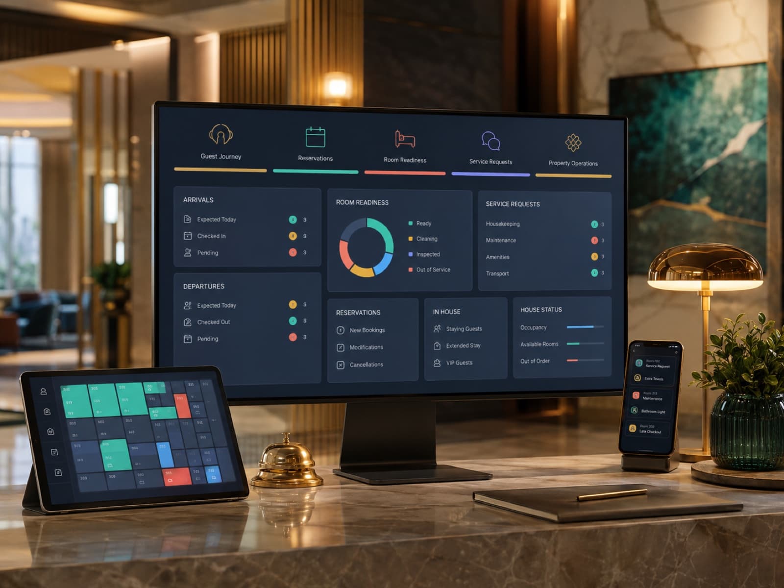 Hospitality platform showing guest journeys, reservations, room readiness, service requests, and property operations