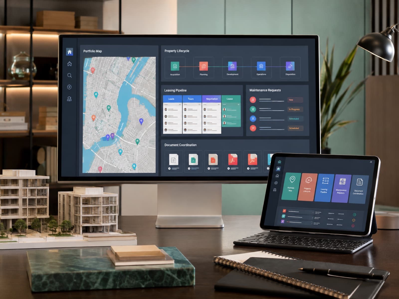 Real-estate platform showing property portfolios, leasing pipelines, maintenance requests, and document coordination