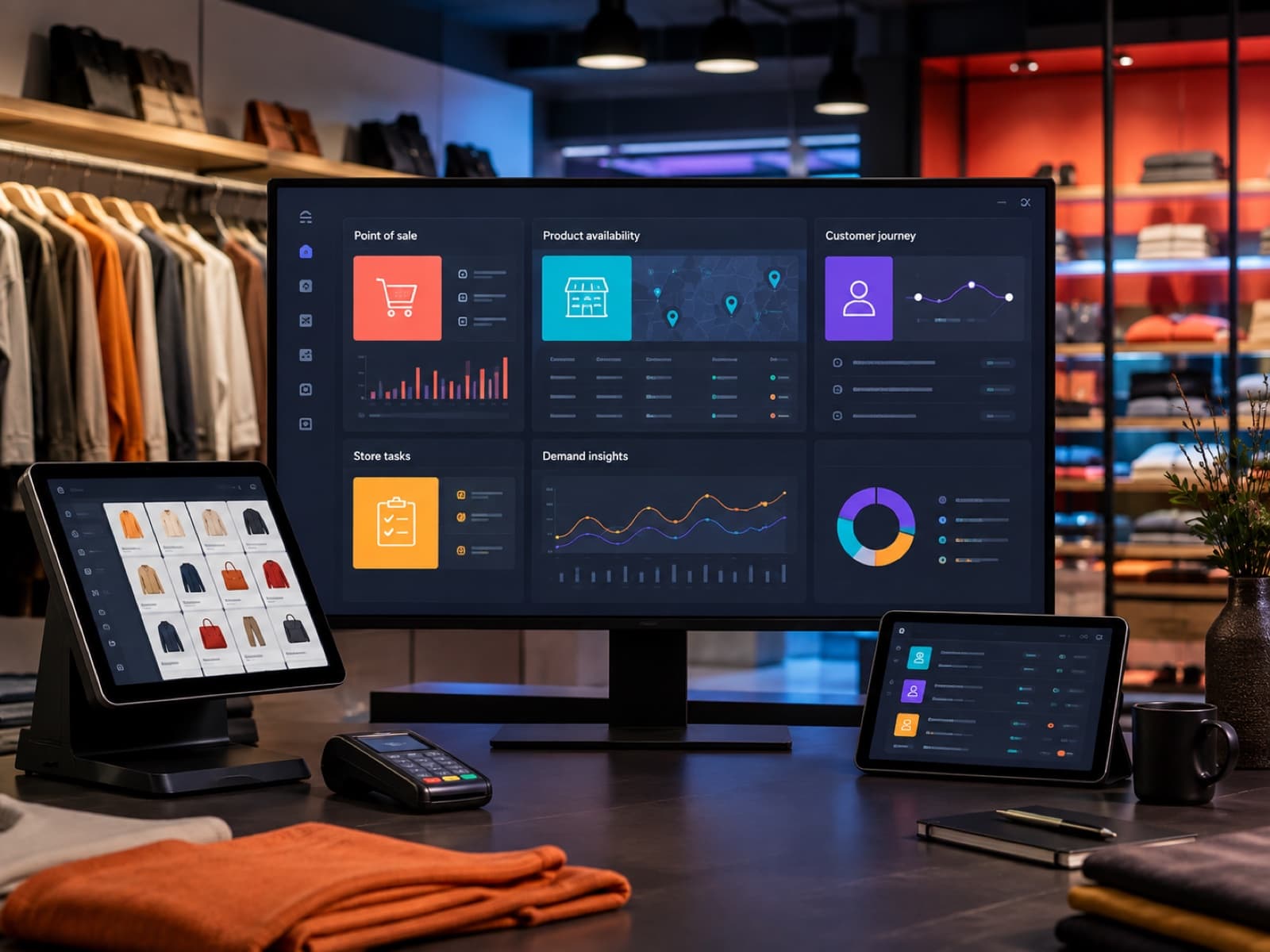 Omnichannel retail platform showing point of sale, inventory, customer journeys, store tasks, and demand insights