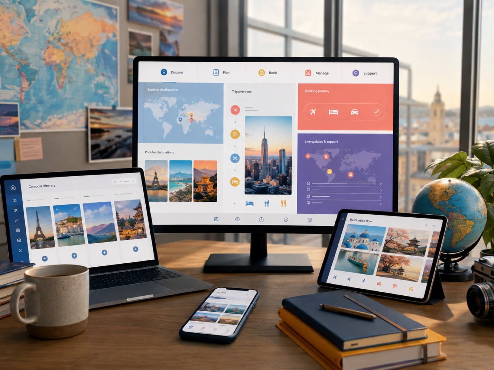 Travel platform showing discovery, itinerary planning, booking, live disruption support, and destination workflows