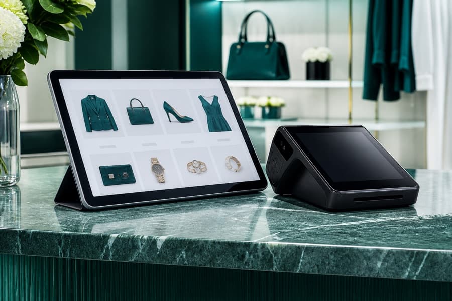 Modern retail point-of-sale terminal beside an ecommerce catalog interface