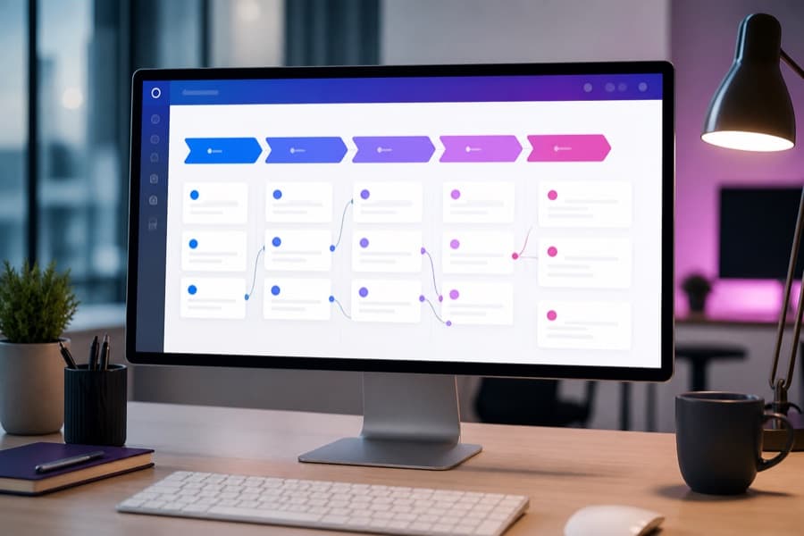 CRM pipeline interface showing connected customer journey stages