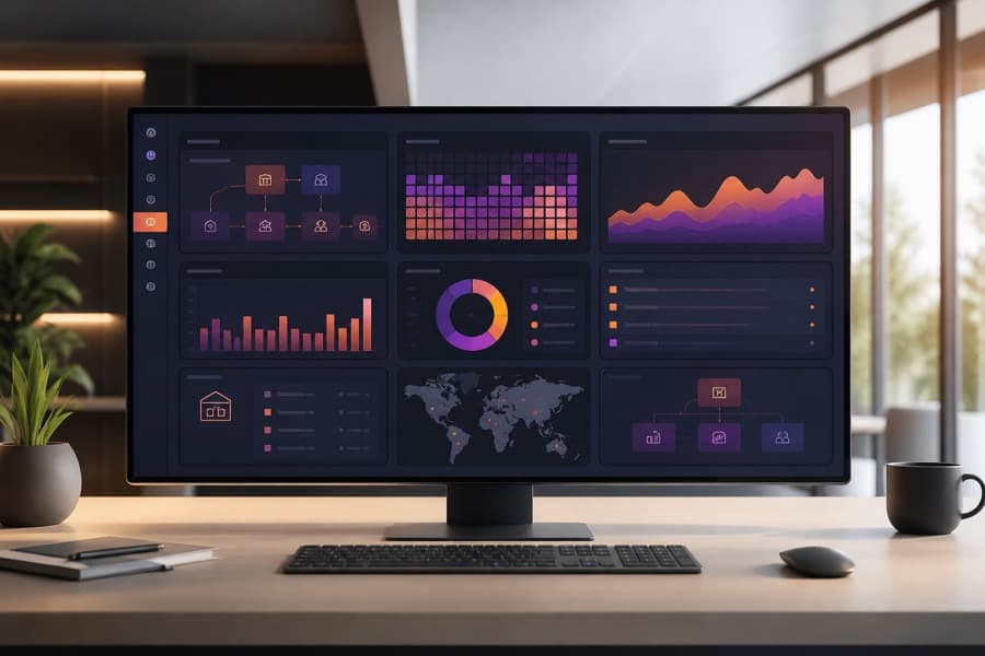 ERP operations dashboard connecting planning, inventory, finance, and business workflows