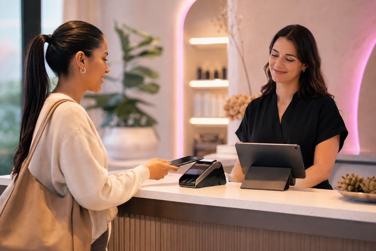 Customer completing a secure contactless payment at an appointment reception desk