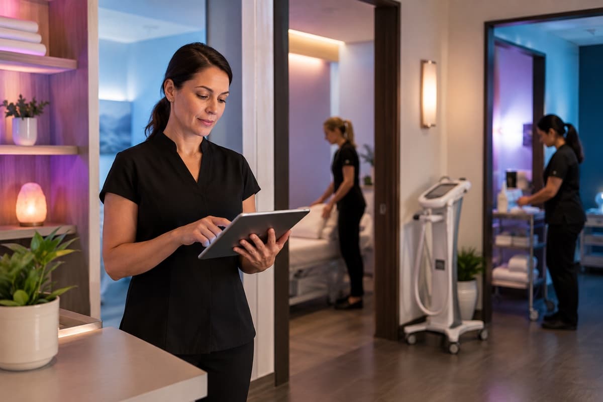 Wellness operations lead coordinating practitioners, treatment rooms, and shared equipment