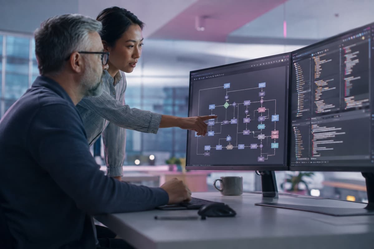 Software engineers mapping API connections, integration logic, and dependable data flows between systems
