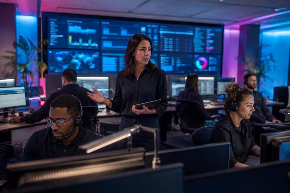Software support team monitoring service health, incoming issues, priorities, and resolution workflows