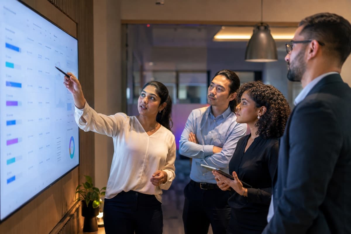 Diverse sales team reviewing opportunity stages and next actions on a large office display