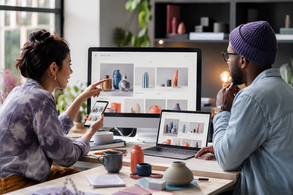 A responsive web platform being reviewed across desktop, laptop, and mobile screens