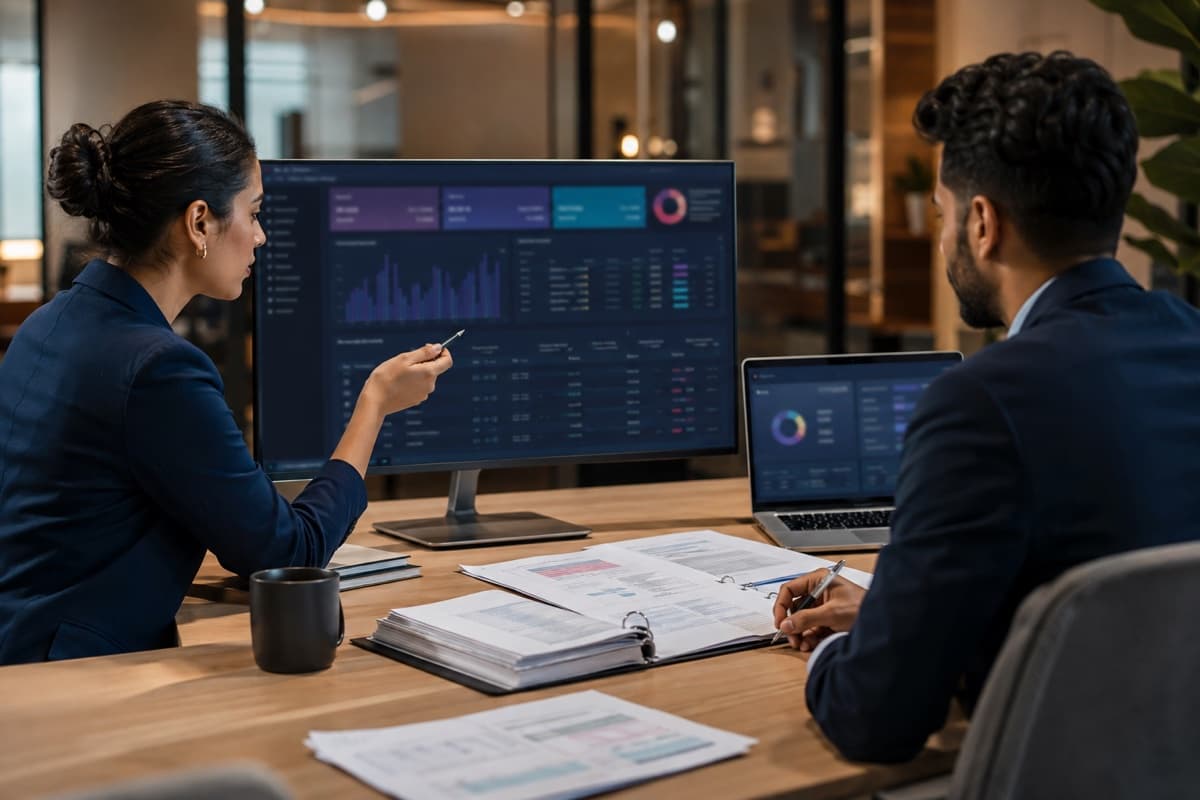 Finance professionals reconciling ERP ledger entries, invoices, and month-end accounts