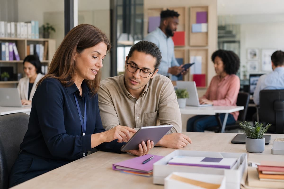 Human resources manager guiding a new employee through digital onboarding and role setup