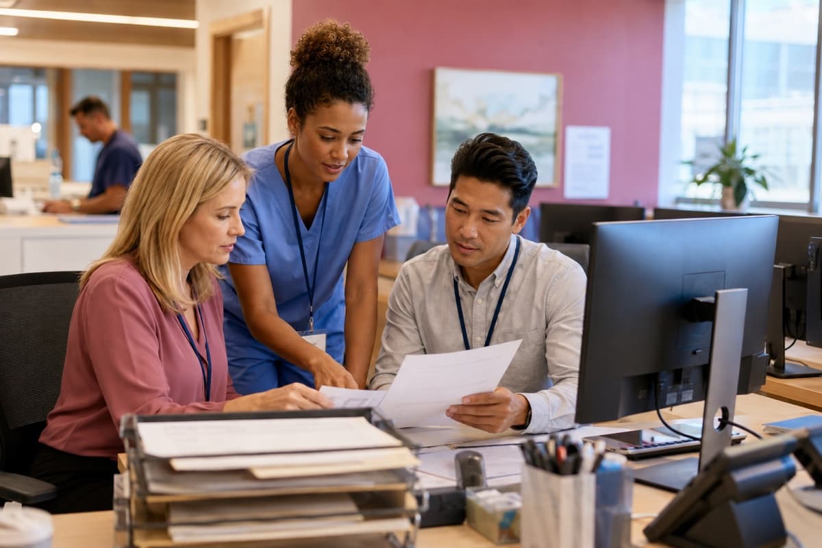 Healthcare billing specialists reviewing service documentation and claim exceptions