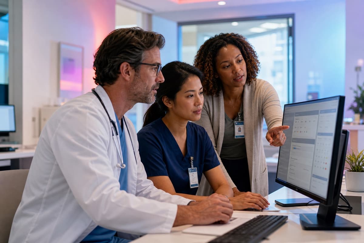 Physician, nurse, and care coordinator reviewing clinical tasks and next steps together
