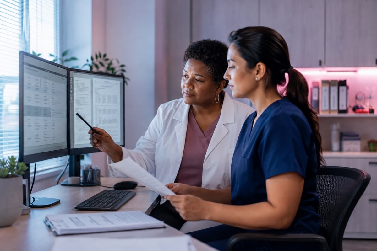 Clinician and records specialist securely reviewing diagnostic documents and results
