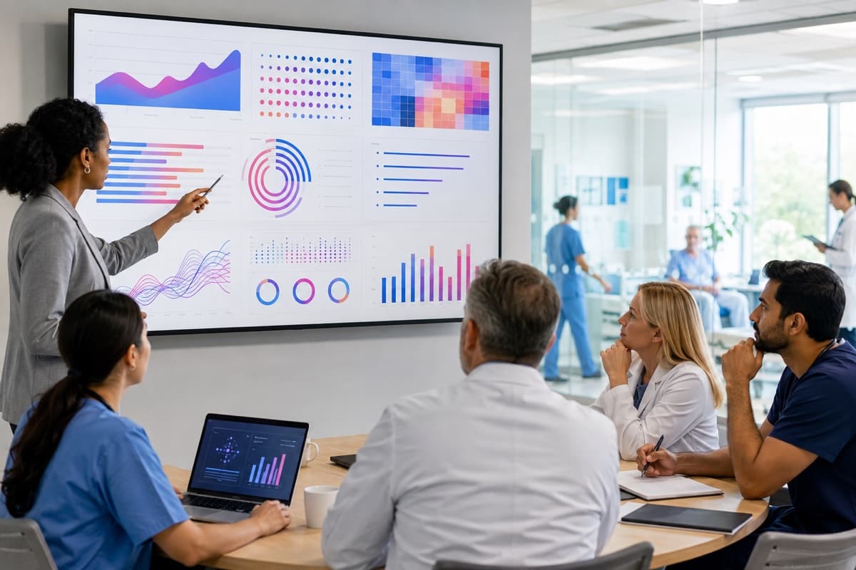 Healthcare operations leaders reviewing abstract capacity, patient-flow, and service-demand analytics