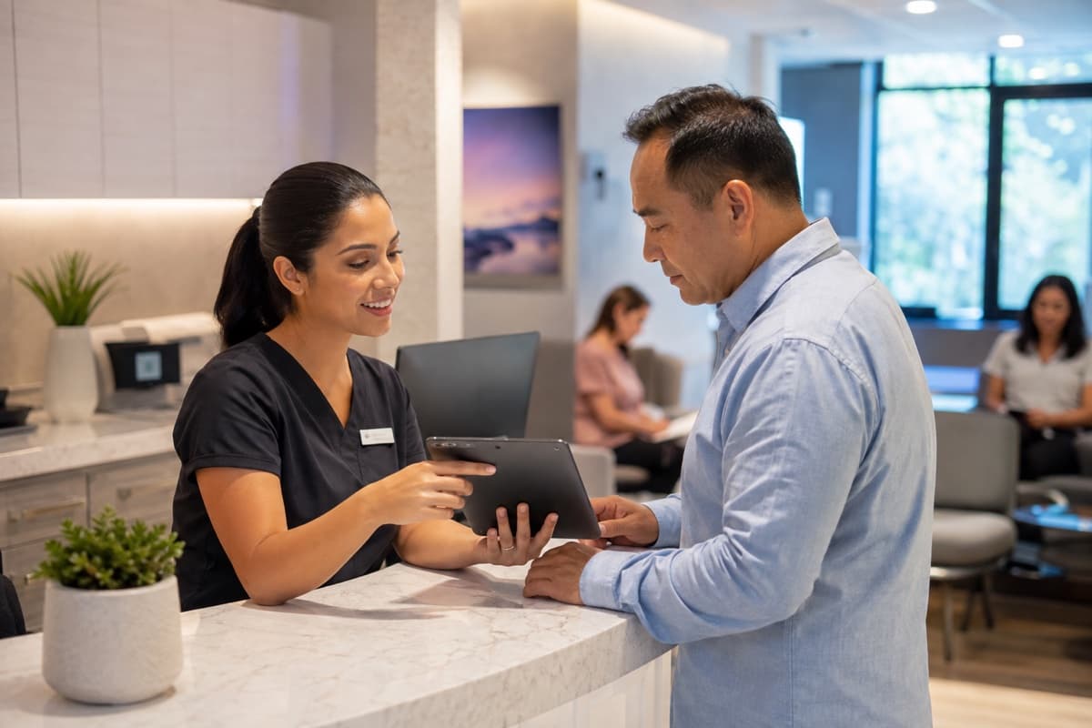 Clinic reception specialist helping a patient complete secure digital registration