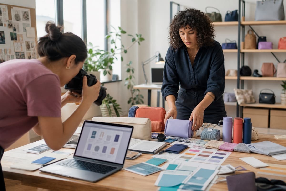 Product operations specialist organizing product samples and catalogue information for an inventory item master