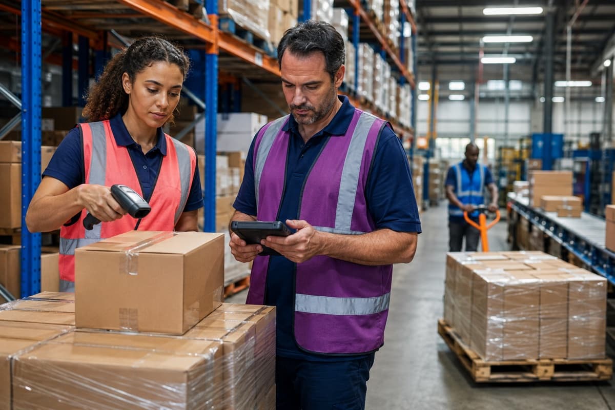 Inventory professionals scanning cartons and confirming stock movement through a modern warehouse