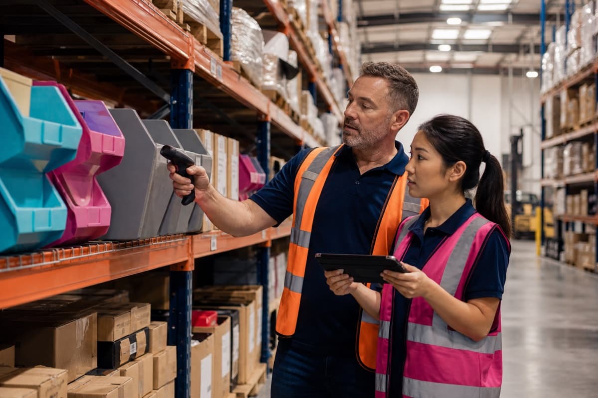Warehouse team checking a storage bin location with a barcode scanner and tablet