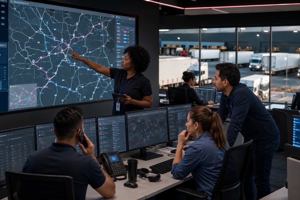 Dispatch team coordinating routes, delivery windows, vehicle capacity, and exceptions