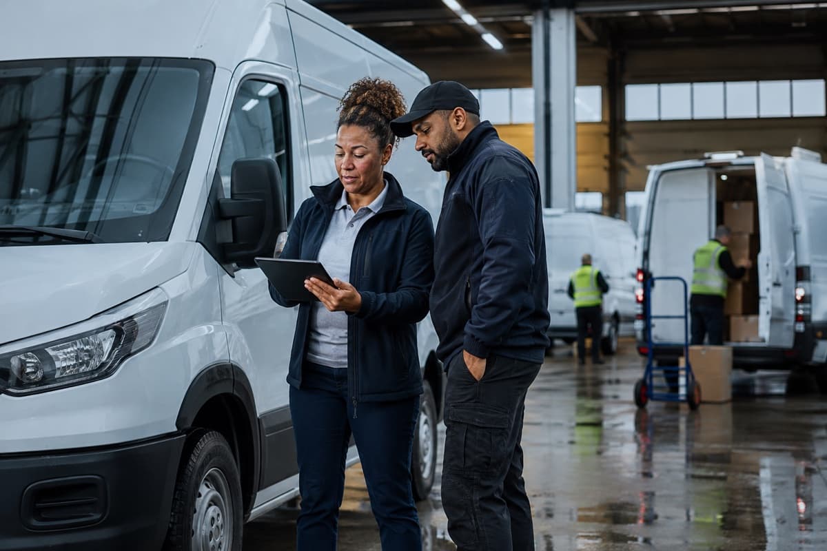 Fleet manager and delivery driver reviewing vehicle readiness and assignment at a depot