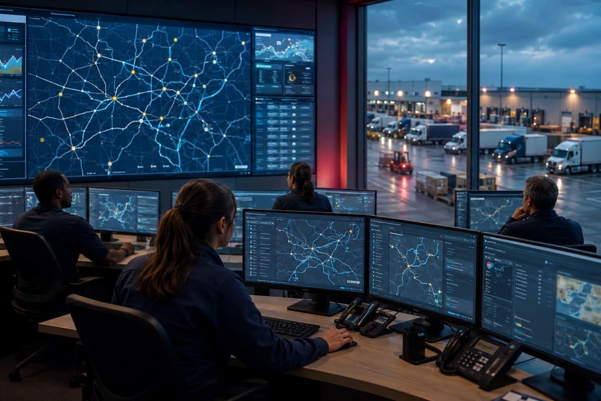 Logistics control team monitoring active vehicles, shipment milestones, and route exceptions