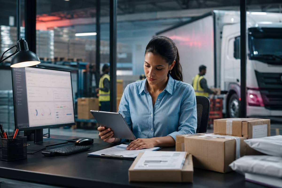 Logistics coordinator reviewing shipment requirements beside prepared freight and parcels
