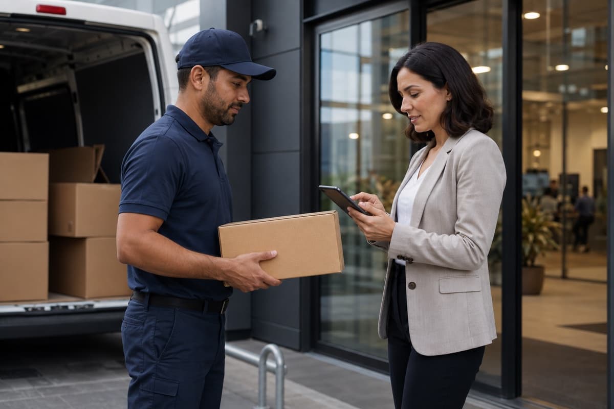 Delivery driver and business recipient confirming a parcel handover digitally