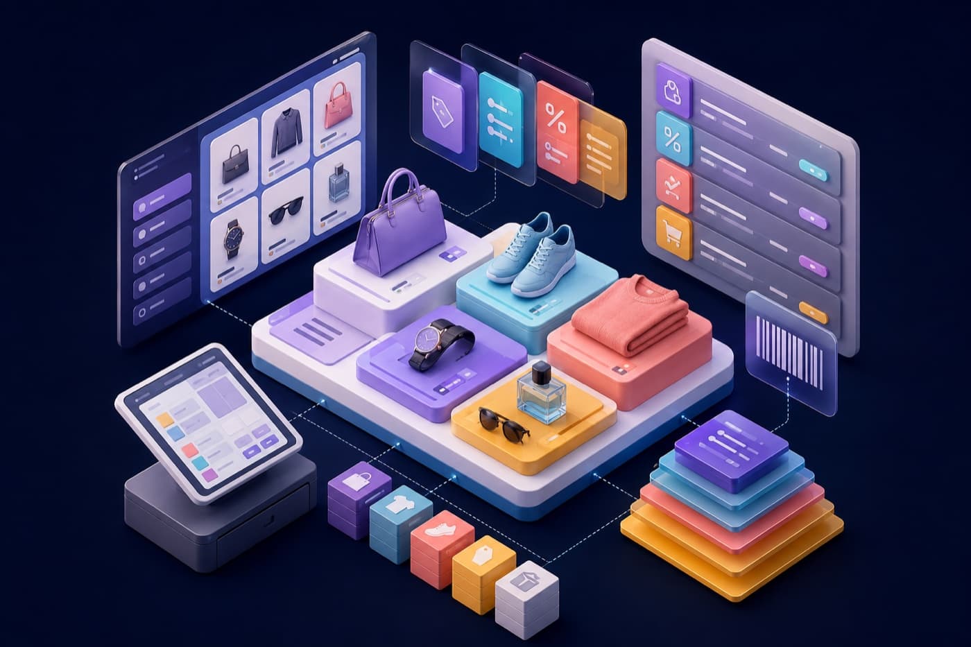 Illustrated POS catalog system connecting products, pricing rules, promotions, and barcode workflows