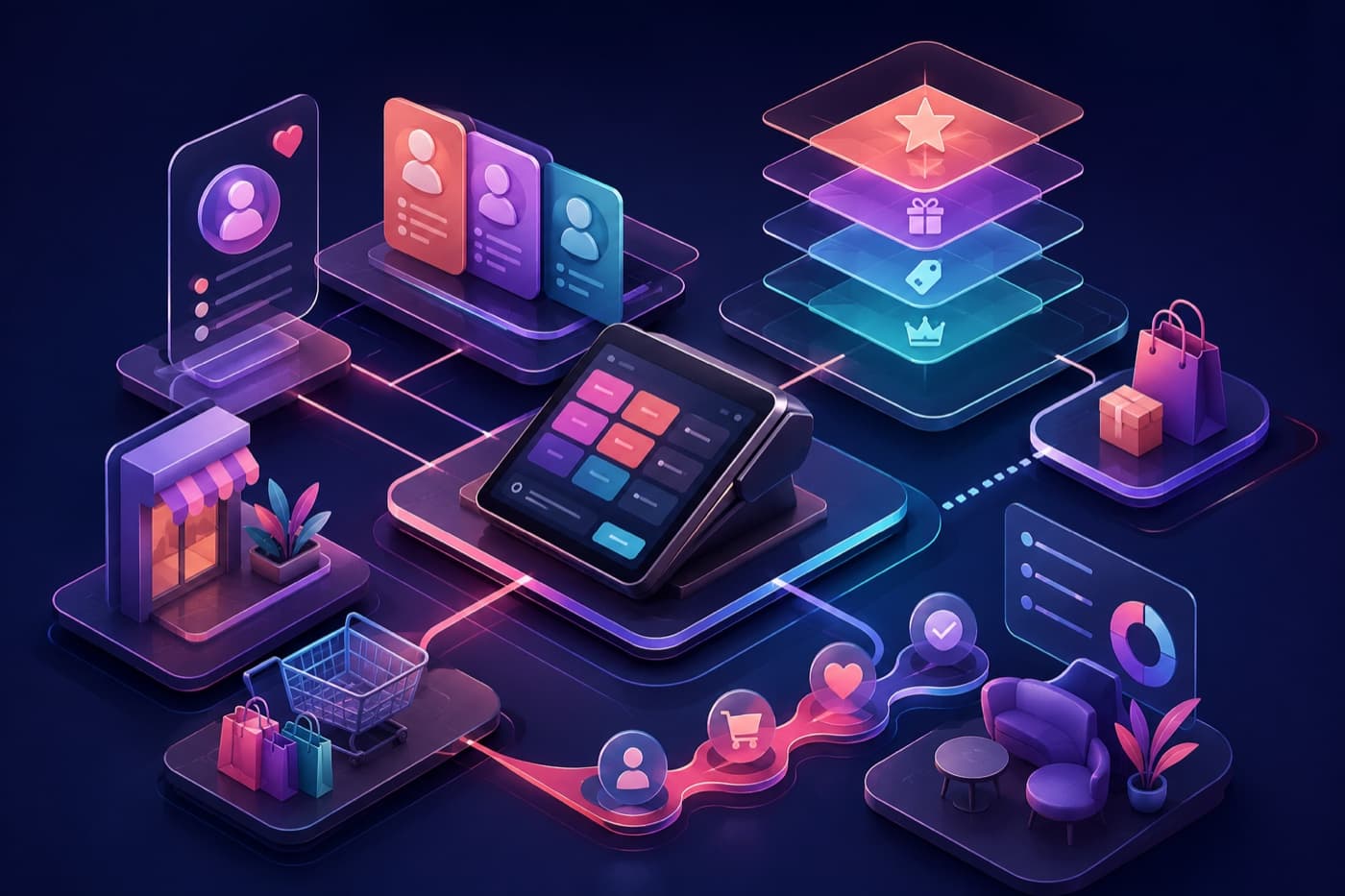Illustrated POS customer system connecting purchase history, preferences, loyalty, and service
