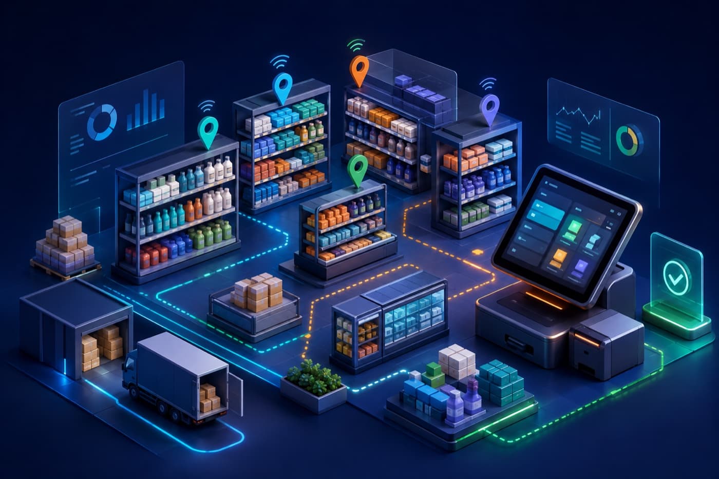 Illustrated POS inventory system connecting store stock, locations, movement, and replenishment