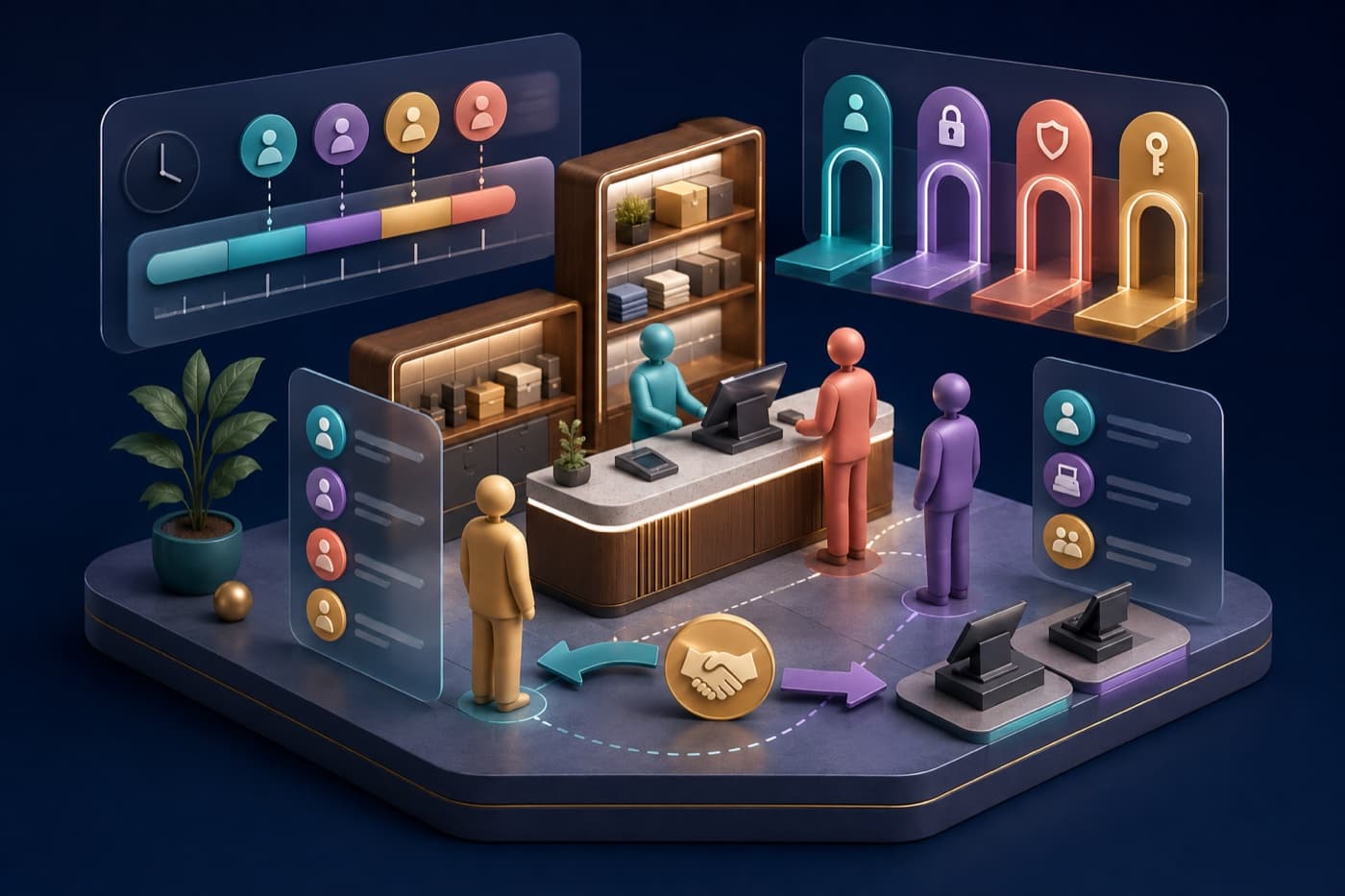 Illustrated POS workforce system connecting shifts, register assignments, permissions, and handoffs