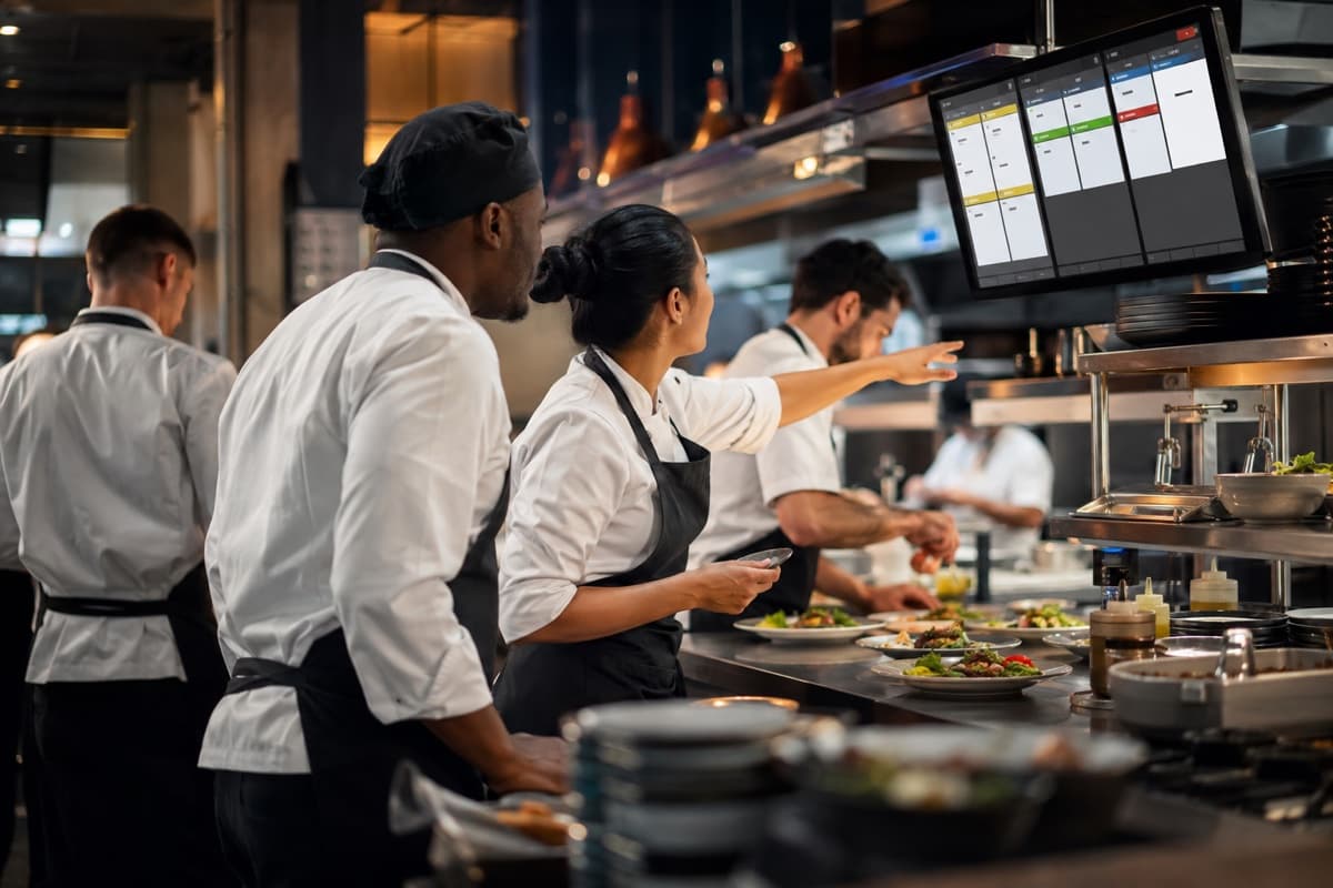 Professional kitchen team coordinating active orders through a kitchen display