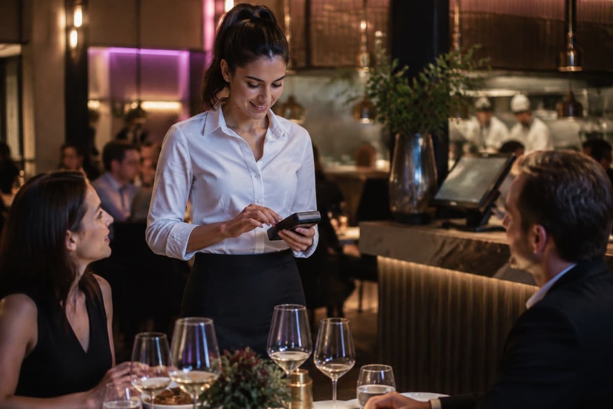 Restaurant server entering a guest order on a handheld point-of-sale device
