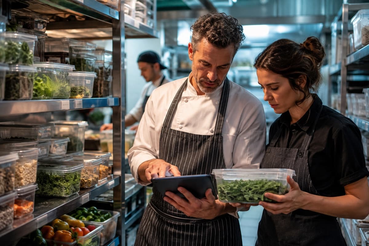 Chef and inventory manager checking ingredients, recipe portions, and kitchen stock