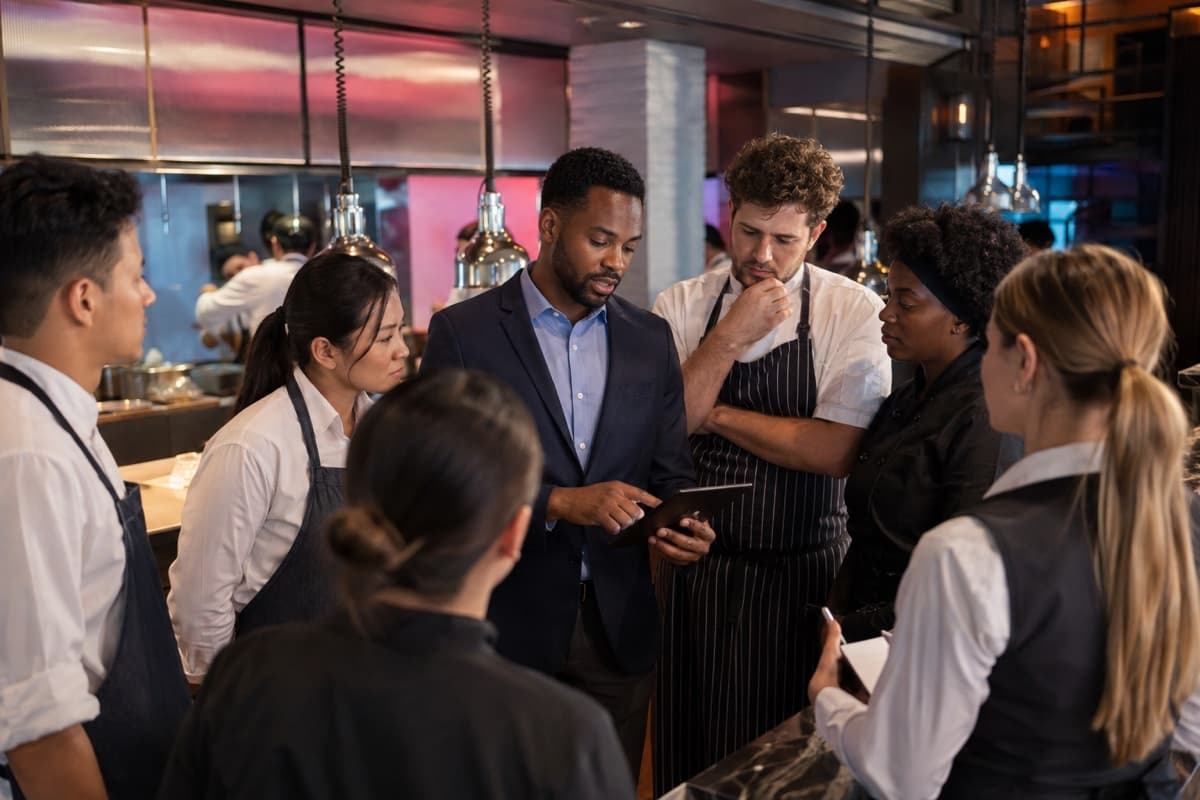 Restaurant manager briefing front-of-house and kitchen staff before service