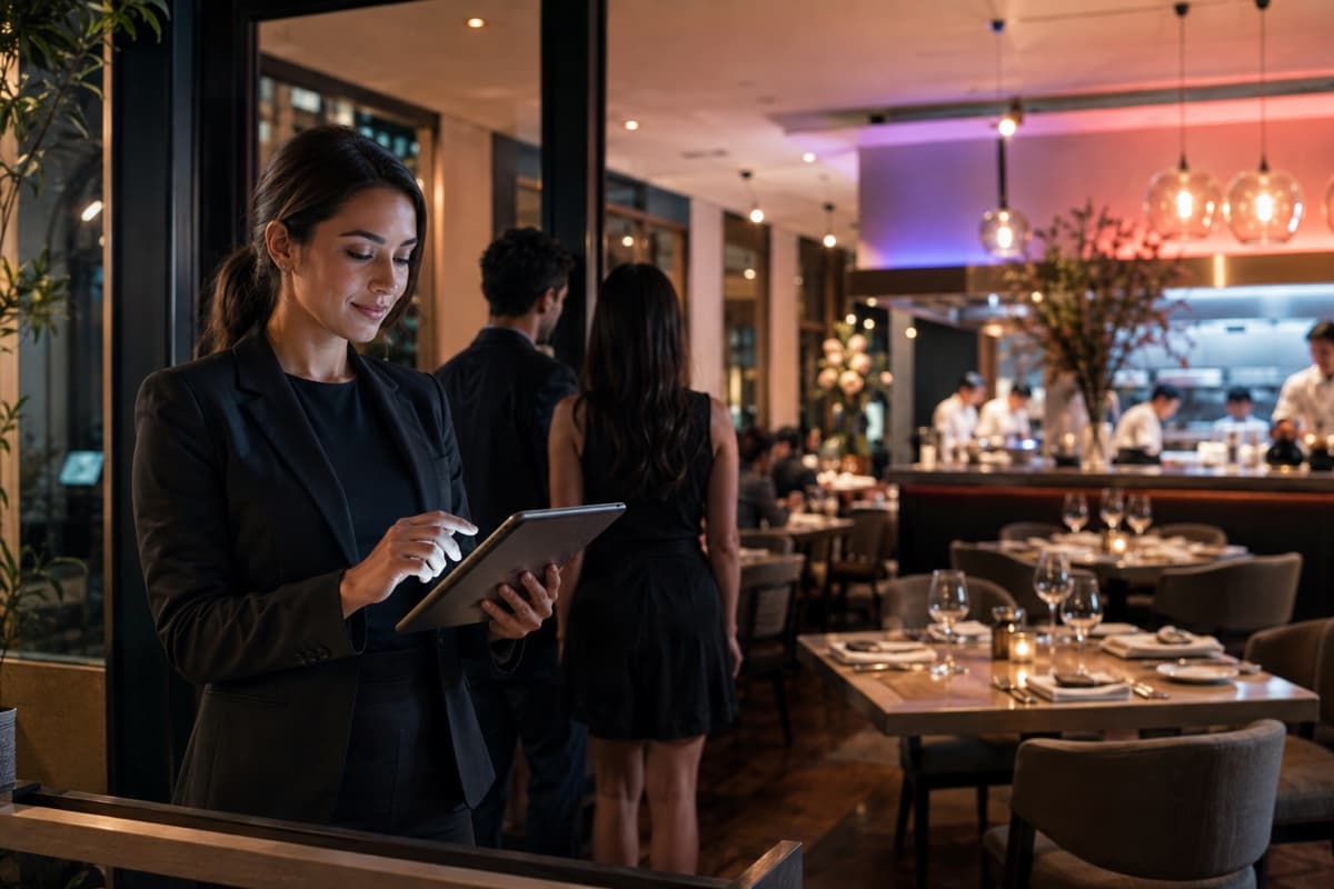 Restaurant host coordinating reservations, arrivals, and table assignments on a tablet