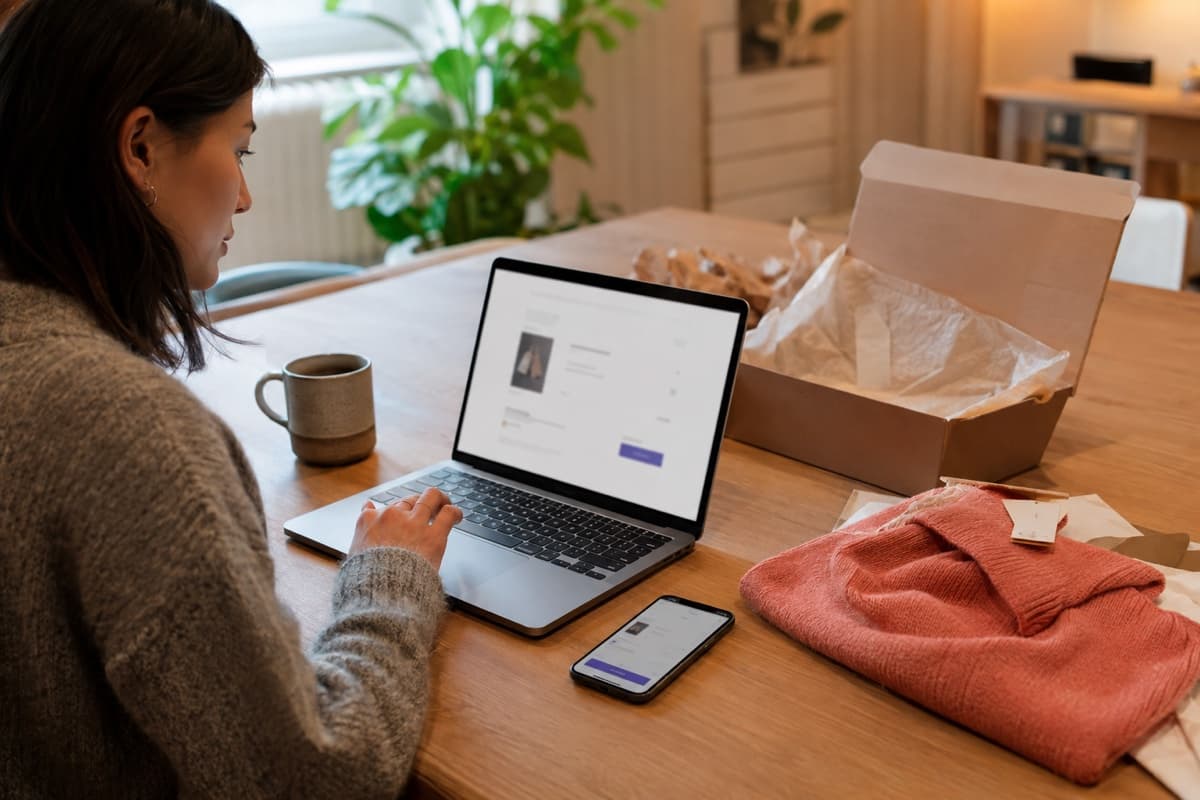 Customer completing a digital purchase across laptop and mobile interfaces for SaaS plans and billing