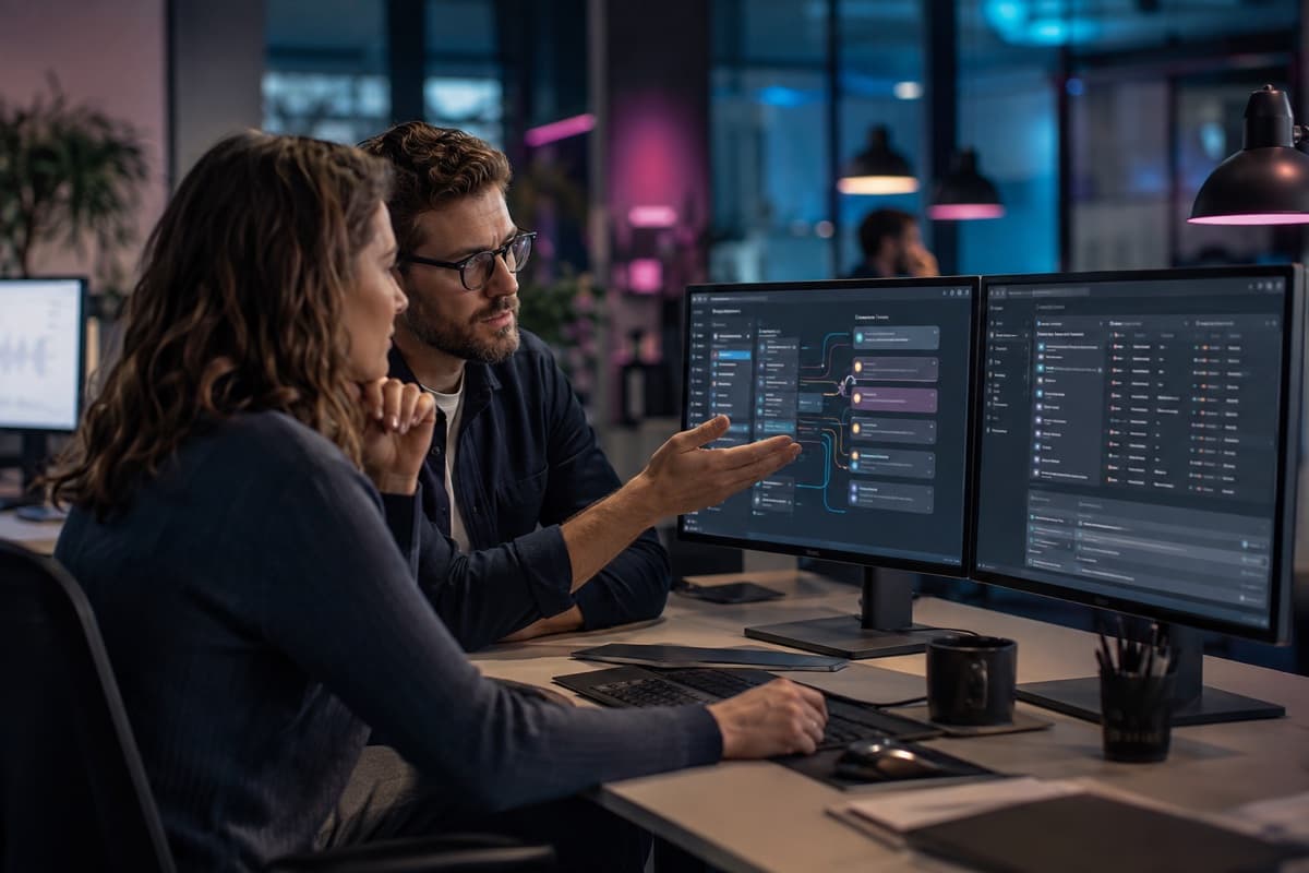 SaaS product team reviewing connected customer workspaces and tenant configuration across platform screens