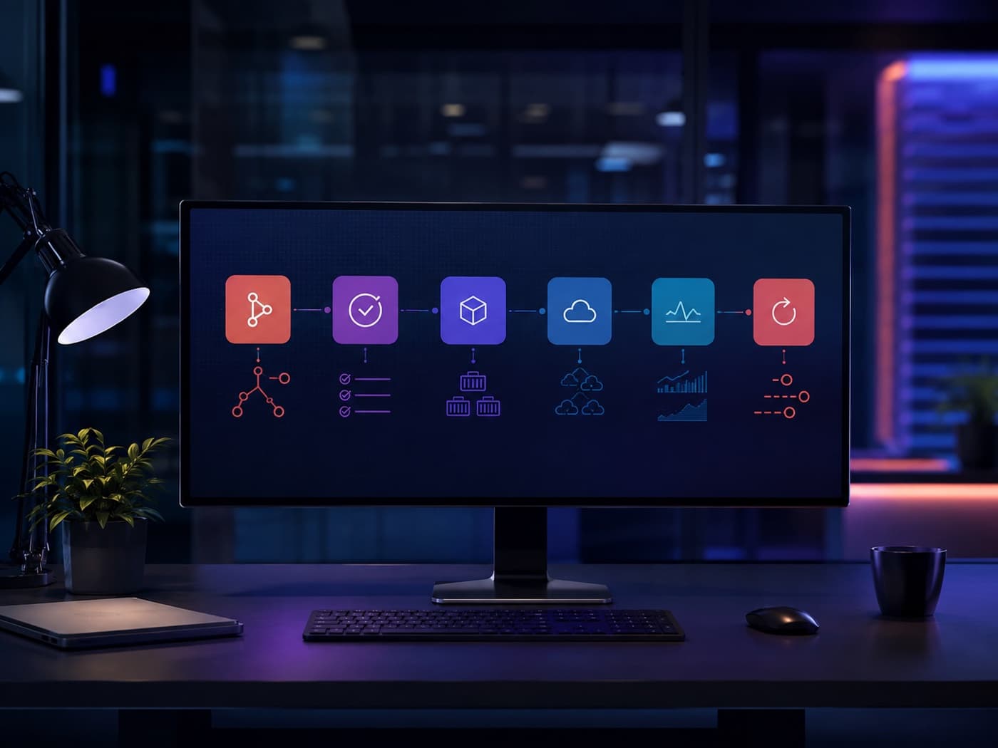 DevOps engineering environment connecting build, test, release, infrastructure, and operational monitoring
