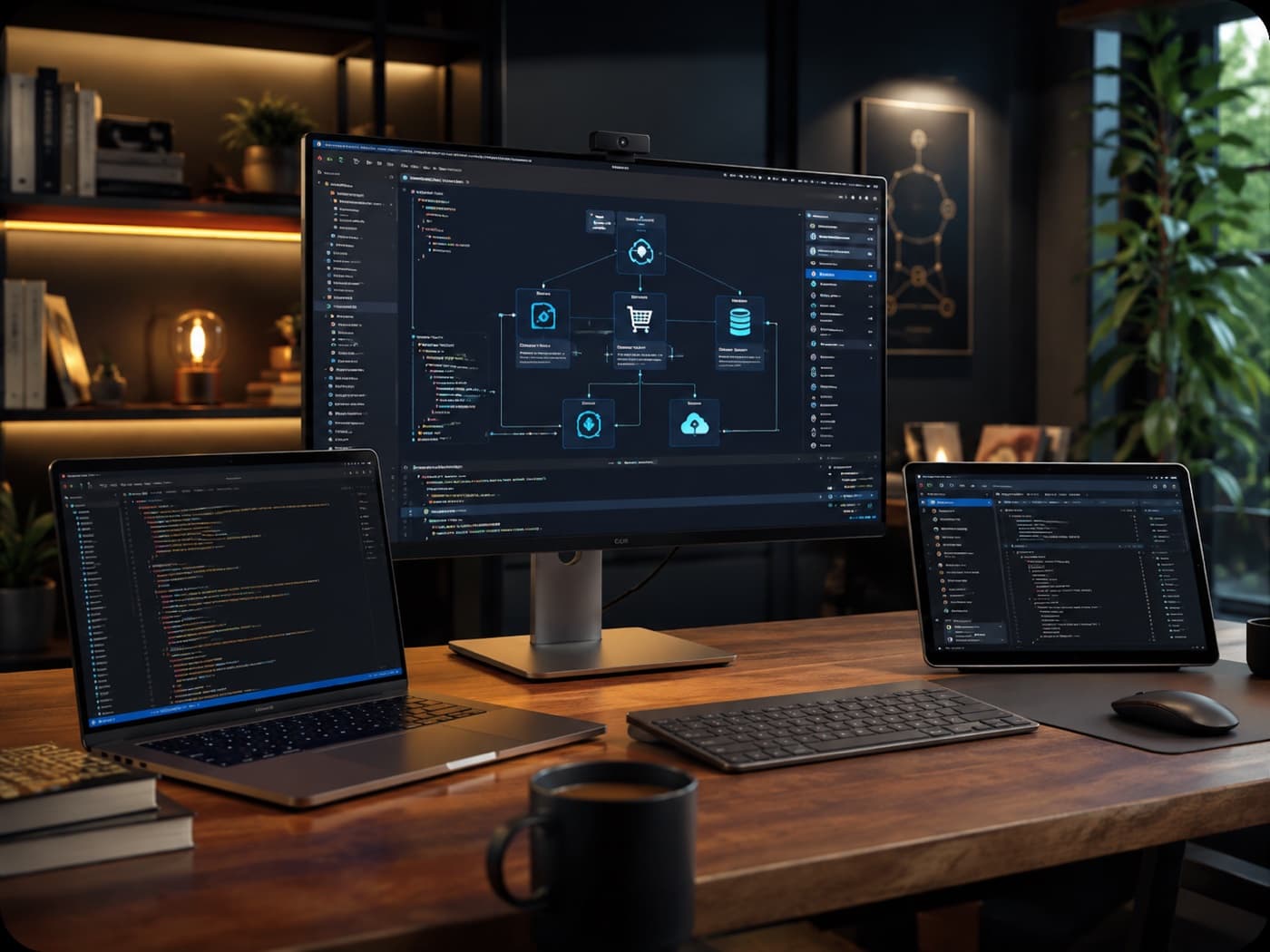 PHP application development workspace showing connected commerce and backend services