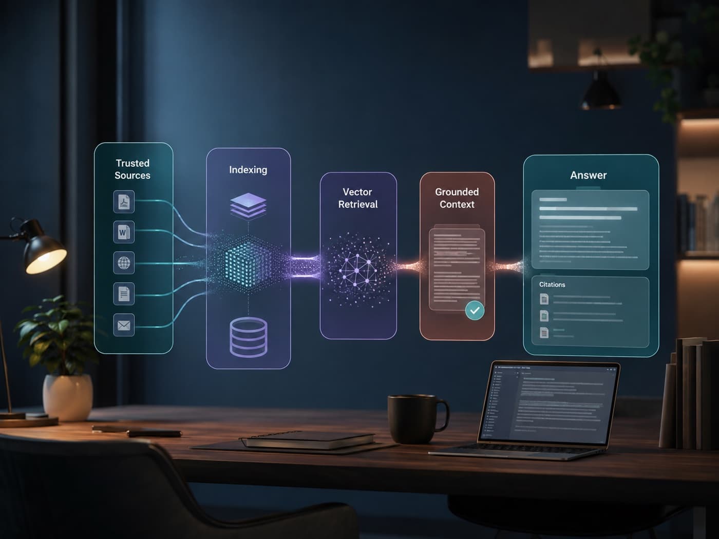 Retrieval-augmented generation architecture connecting trusted documents to grounded answers
